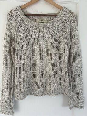 Free People Open-Knit Crewneck Sweater in Light Grey
